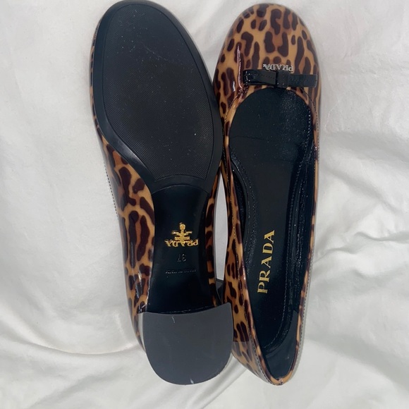 Prada Leopard Low Heel Patent Leather Gold Logo